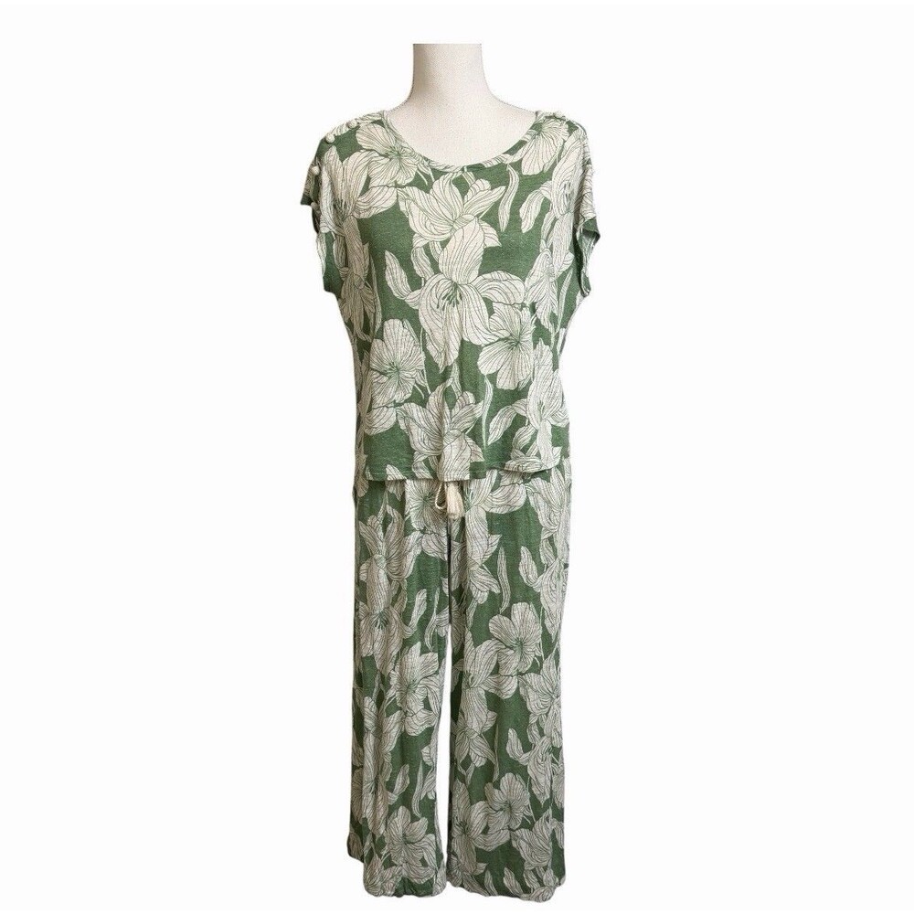 Tahari Women's M 100% Linen 2 Piece Outfit Set  Floral Green & White Hawaiian